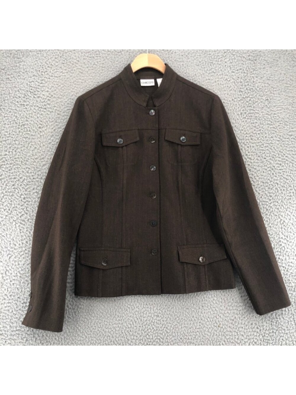 Chicos Blazer Womens 0 US S Brown Glitter Mandarin Collar French Pockets Jacket